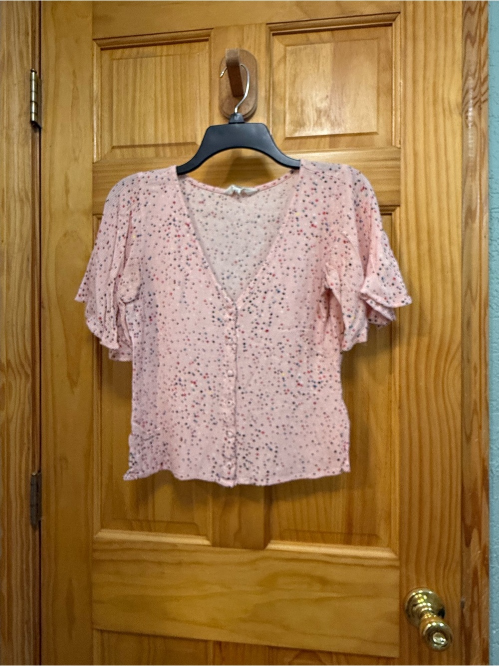 Jack Light Pink Dot-Print V-Neck Button Front Women's Top size XS